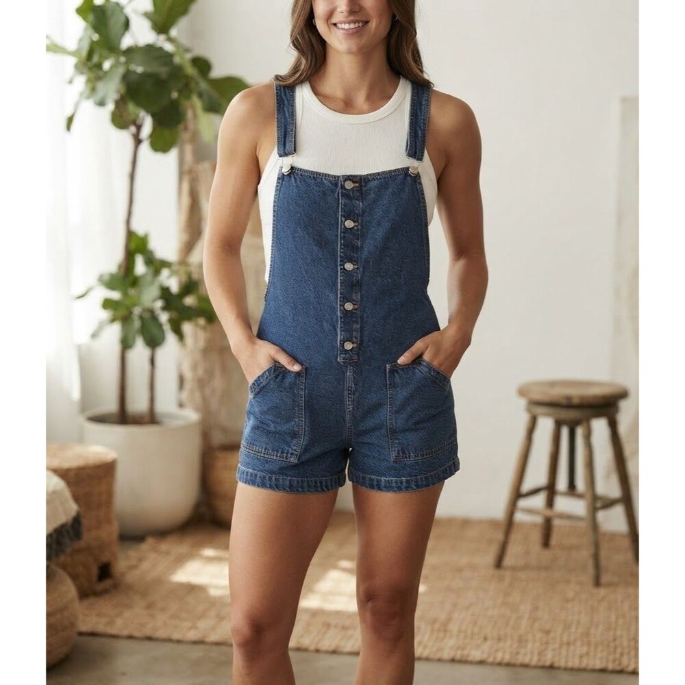 American Eagle Denim Shortalls Womens XL Blue Button Front Overalls Romper 90s